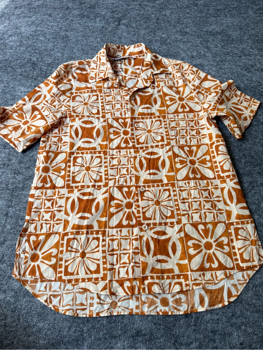 Zara Women NWOT Orange Cream Geometric Floral Cotton Button Up Shirt S